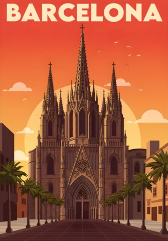 Sagrada Família Basilica with Sunset Sky & Palm Trees Barcelona Travel Posters Design Template