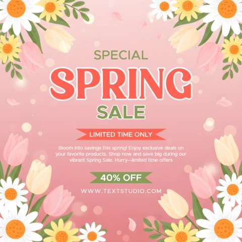 Pôster de promoção de venda sazonal de primavera – design floral destacando descontos por tempo limitado e ofertas exclusivas