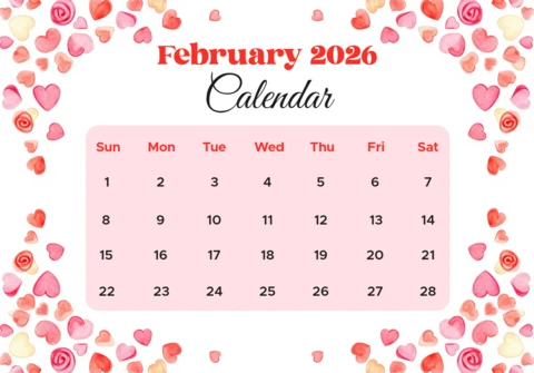 2026年2月のカレンダーは、ピンク、赤、黄色のハートとバラをあしらった華やかな花のテーマです。