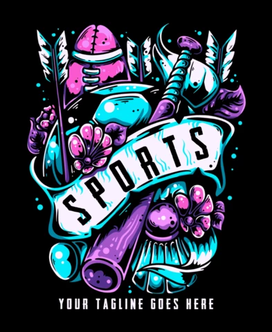 Modelo de design de camiseta vintage com vários elementos esportivos