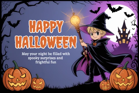 Plantilla de diseño de Halloween feliz con bruja de dibujos animados y calabazas para tarjetas de felicitación festivas.
