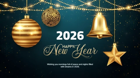 Plantilla de diseño para celebración de Año Nuevo con adornos dorados para tarjetas de felicitación festivas.