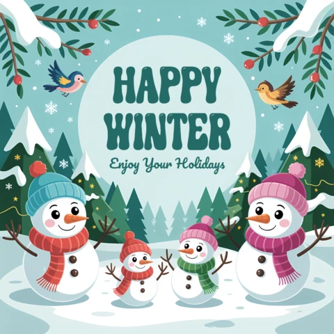 Template de design de boneco de neve em um país das maravilhas de inverno para cartões de felicitações de feriado