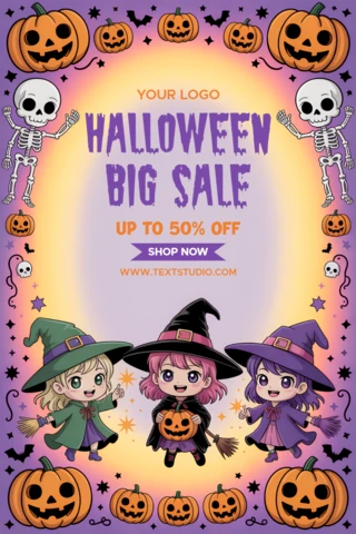 Whimsical Halloween Sale Template with Cute Witches and Pumpkins for Promotions