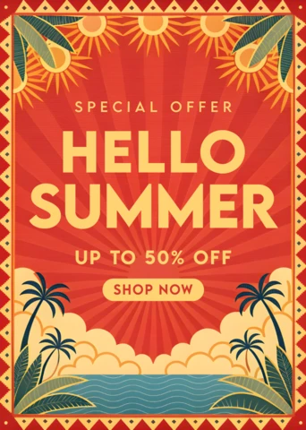 Retro Summer Sale Template Design with Tropical Elements
