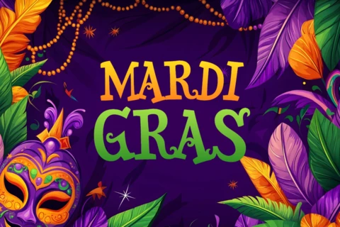 Design vibrante de celebração do carnaval com máscaras e miçangas