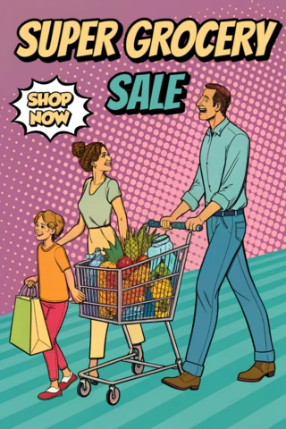 Plantilla de volante de venta de comestibles de arte pop con diseño de familia haciendo compras