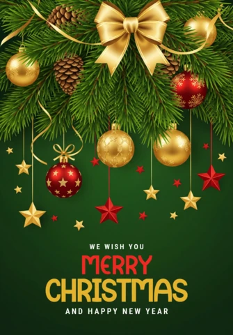 Stylish Christmas Card Featuring Golden Bow, Pine Sprigs, and Traditional Festive Decorations