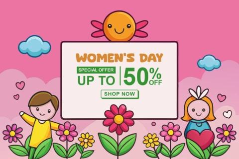 Colorful Women's Day Sale Template Design with Cute Characters and Floral Elements