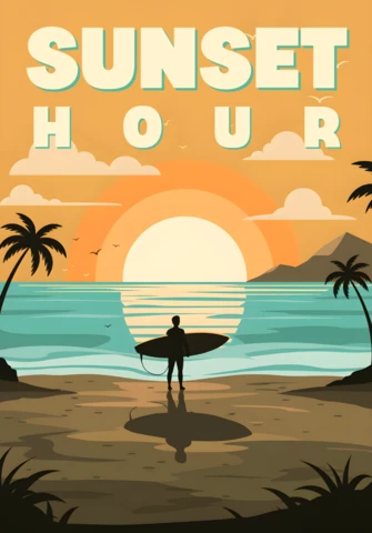 Modèle de design rétro plat pour l'heure du coucher de soleil pour des vêtements à thème de plage
