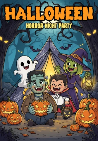 Halloween-Horrornacht-Flyer Waldzelt-Szene mit Geist, Vampir, Hexe und Frankenstein-Charakteren Designvorlage für festliche Anlässe