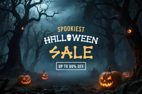 Cadılar Bayramı için korkutucu satış tasarım şablonu, tanıtım broşürleri için jack-o'-lantern'lar ile.