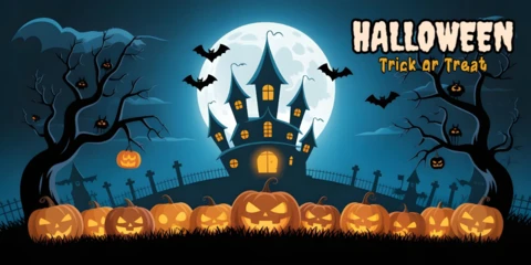 Cadılar Bayramı mezarlığı, perili malikanesi, jack-o'-lantern'lar ve ay ışığında gölgeler facebook kapak tasarım şablonu