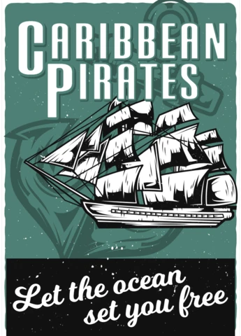 Caribbean Pirate Ship Vintage Poster Design Template
