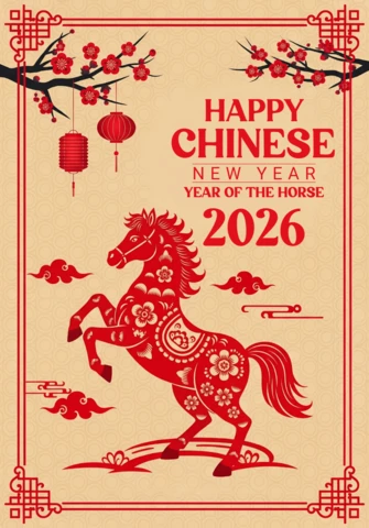 Ilustración festiva del Año del Caballo para el Año Nuevo Chino con nubes y motivos tradicionales.