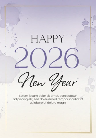 Kartka akwarelowa z napisem "Szczęśliwego Nowego Roku 2026" na purpurowym tle ze złotą ramką i elegancką typografią.