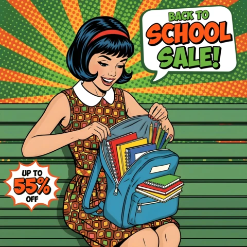 Comic Pop Art School Vibrant Student On Bench with Supplies & Bold Sale Graphics Banner Design Template for Promotional Flyers