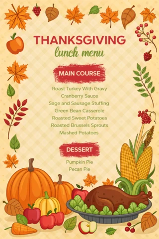 Thanksgiving Menu Design Template with Autumn Leaves and Harvest Elements for Seasonal Events