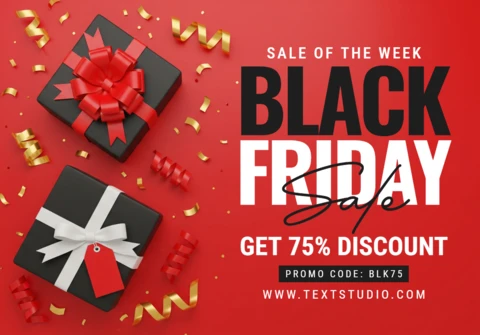 Bold Black Friday Marketing Poster Red and Black Gift Theme with Ribbon Curls and Sparkle Elements Sale Design Template for Promotional