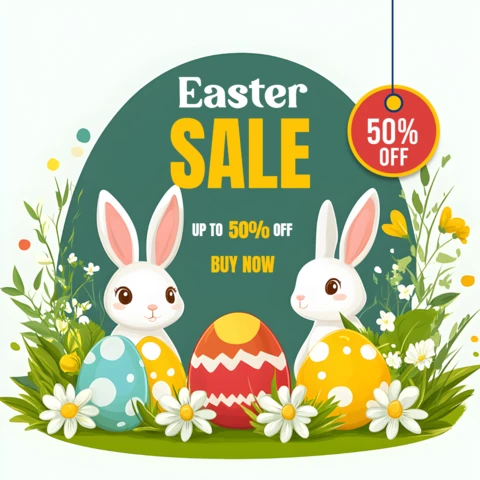 Plantilla de diseño de venta de Pascua: simpático conejito y huevo de estilo gráfico