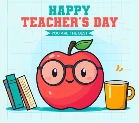 Fun Cartoon Style Teacher's Day Design Template with Cute Apple and Books