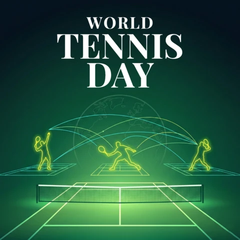 World Tennis Day Decorative Poster with Glowing Court and Dynamic Players