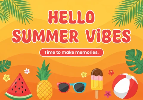 Summer Vibes Greeting Card Template with Tropical Fruits and Beach Accessories