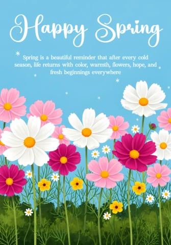 Spring Floral Design Template for Greeting Cards with Colorful Flowers