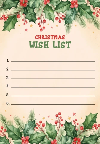 Modello di lista dei desideri di Natale con design festivo, foglie di agrifoglio, rami di pino e sfondo stellato.
