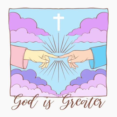 Deus é maior, alcançando mãos com cruz e céu celestial, design de camiseta gráfica em pastel.