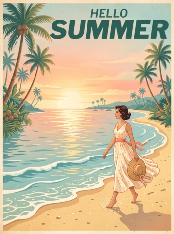 Colorful Retro Summer Vacation Poster Featuring Palm Trees, Sunset Beach Scene, Woman with Hat, Flowing Dress, Ocean Horizon and Sunny Tropical Vibes