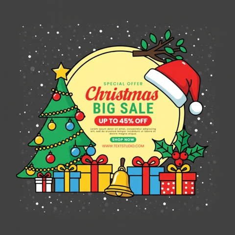 Christmas Discount Ad Seasonal Sale Template with Holly, Bell, and Decorative Gift Boxes Post Design
