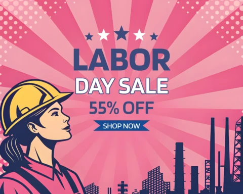 Design de modelo de venda do dia do trabalho em pop art - banner promocional com 55% de desconto