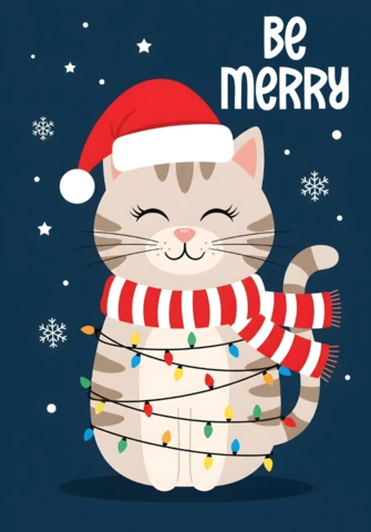 Tarjeta de saludo de Navidad alegre con un adorable gato en un sombrero de Santa y luces sobre un fondo azul oscuro.