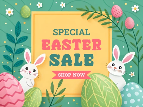 Juguetón diseño de plantilla de venta de Pascua con conejitos y huevos de colores
