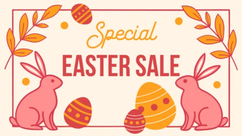 Encantadora plantilla de diseño de venta de Pascua con conejitos caprichosos y huevos de colores
