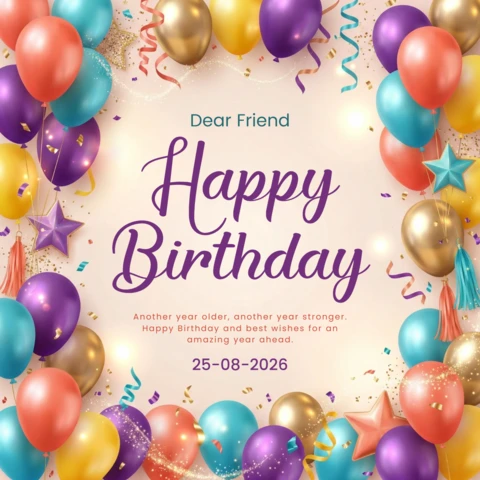 Póster decorativo de cumpleaños fondo naranja con globos, estrellas y alegres deseos de cumpleaños.