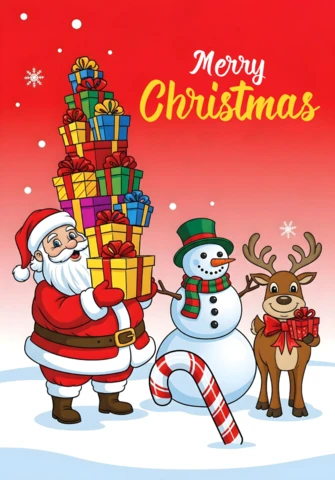 Merry Christmas Santa, Snowman, and Reindeer Surrounded By Candy Cane, Presents, and Snowflakes Poster Design Template