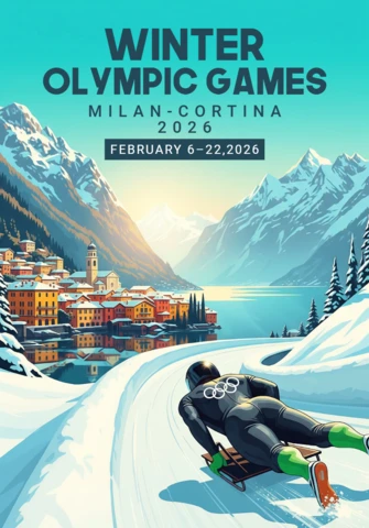 2026年冬季ミラノ・コルティナオリンピックのポスター、リュージュ選手、アルプスの村、ミラノ・コルティナ大会の夕日が沈む山々