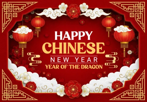 New Year 2026 Greeting Card Lunar Celebration with Gold Accents, Lanterns & Bold Dragon Year Emblem