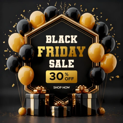 Black Friday Sale Design Template with Balloons and Gift Boxes for Promotional Posters