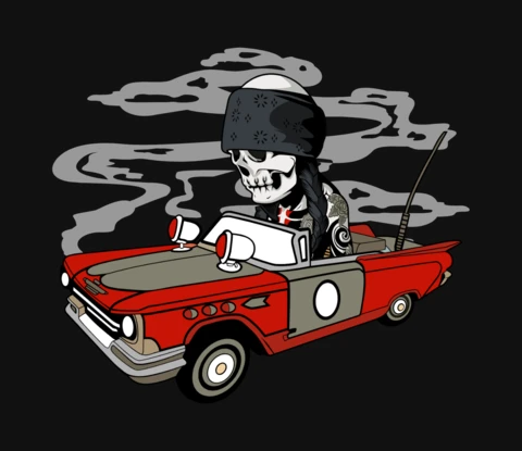 Vintage Skull Car Comic Caricature Pop Culture T-Shirt Design Template