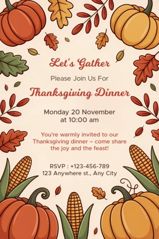 Thanksgiving Dinner Invitation Template with Pumpkin and Autumn Leaves Design