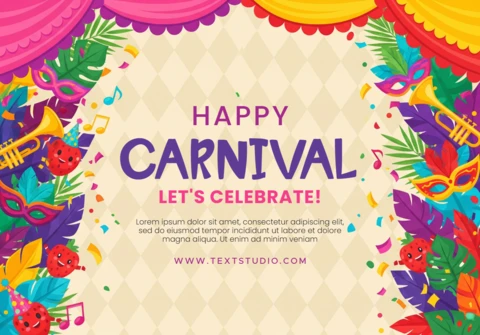 Carnival Party Poster Beige Diamond Background with Feathered Masks, Trumpets, and Festive Curtains