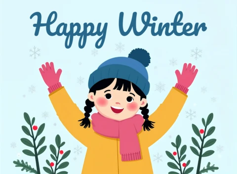 Happy Winter Design Template with Cheerful Child and Snowflakes for Holiday Greeting Cards