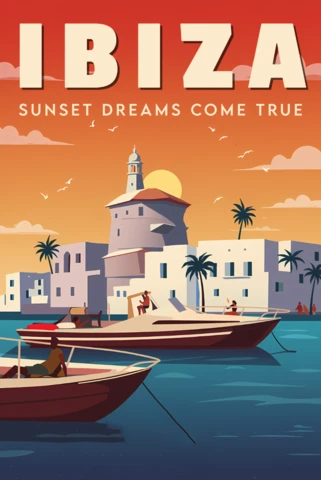 Retro Flat Ibiza Sunset Design Template for Travel Poster