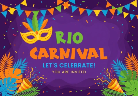 Rio Carnival Invitation Poster Purple Background with Feathered Mask, Confetti, and Festive Decorations
