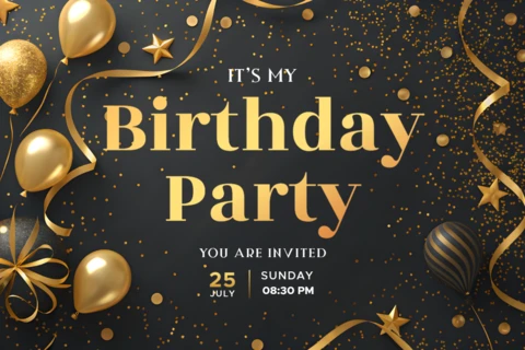 Elegant Gold and Black Birthday Party Invitation Template Design