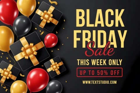 Modèle de design de vente du Black Friday avec des boîtes-cadeaux et des ballons pour des flyers promotionnels