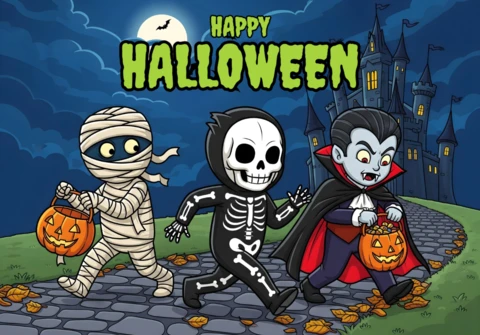 Modèle de flyer pour une fête d'Halloween avec un chemin de château hanté, des momies, des squelettes et des enfants vampires.